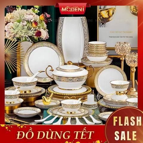  Bộ Chén Đĩa Sứ Xương Cao Cấp Polar – Họa Tiết Hoàng Gia Châu Âu Phối Vàng Kim Và Xanh Ngọc, Biểu Trưng Cho Sự Thịnh Vượng Và Đẳng Cấp Trên Bàn Tiệc Sang Trọng 