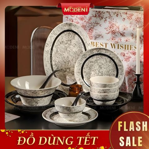  Bộ Chén Đĩa Sứ Xương Cao Cấp Roseline – Họa Tiết Hoa Hồng Pháp Cổ Điển, Tông Đen Trắng Thanh Lịch Chuẩn Bàn Tiệc Parisian Chic 