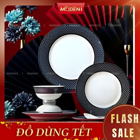  Bộ Chén Đĩa Sứ Xương Hailey Cao Cấp Viền Đen Họa Tiết Lưới Sang Trọng - Cho Bàn Ăn Hiện Đại & Tiếp Khách 