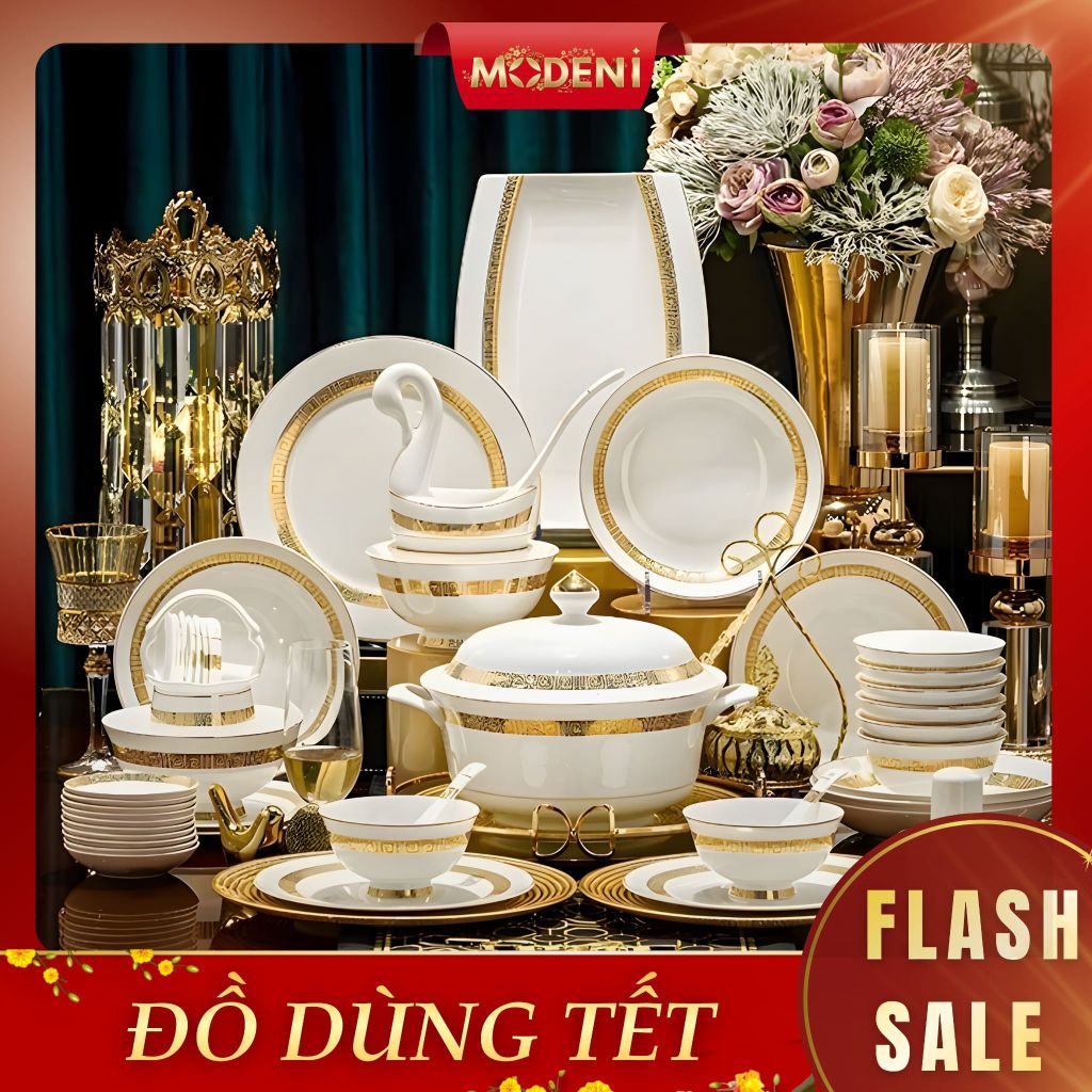 Bộ Chén Đĩa Sứ Xương Trevi Cao Cấp Viền Vàng Ánh Kim – Nghệ Thuật Hoàng Gia Cho Bàn Ăn Hiện Đại (không thố)