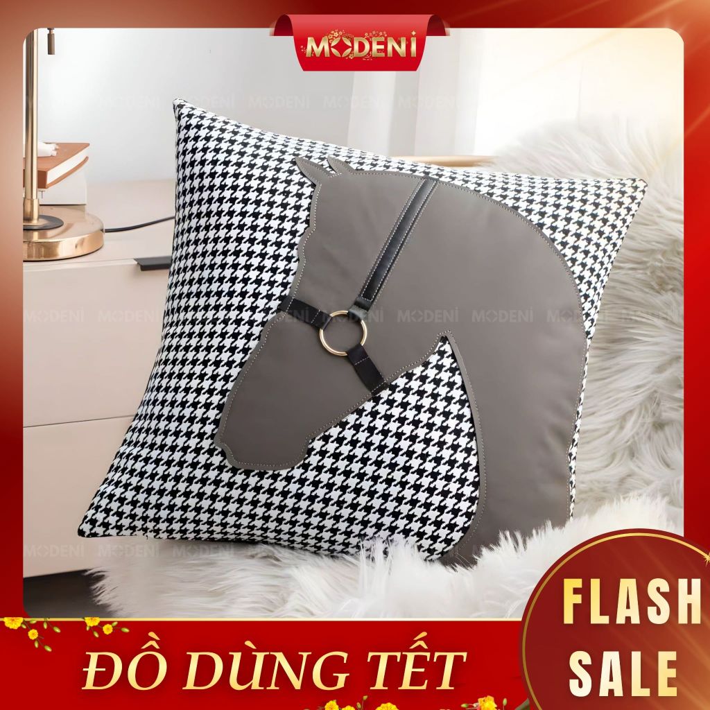 Vỏ Gối Sofa Cao Cấp Gentry - Vải Cotton Phối Da Họa Tiết Đầu Ngựa Nổi Cổ Điển