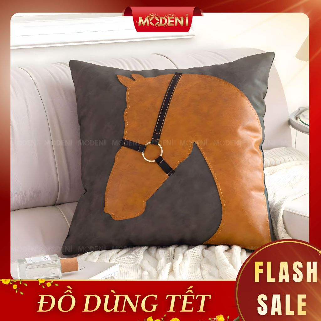 Vỏ Gối Sofa Cao Cấp Luxury Saddle - Vải Cotton Phối Da Họa Tiết Đầu Ngựa Nổi Cổ Điển