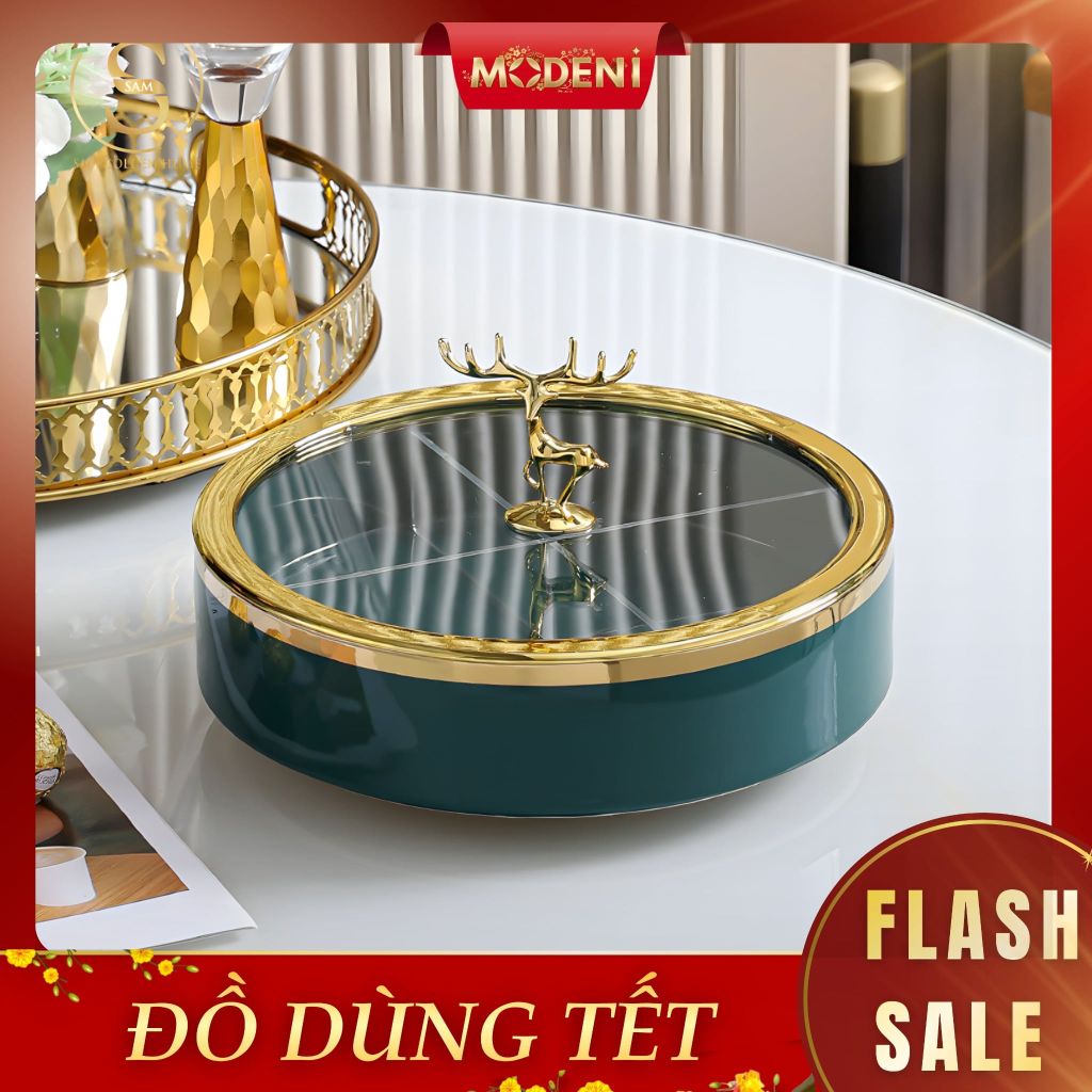 Khay Mứt Tết Velvet Emerald Sứ Tráng Men Cao Cấp – Viền Vàng Nắp Kính Con Nai Gold – Đựng Mứt, Bánh Kẹo, Hạt Khô Sang Trọng Decor Bàn Tiệc Tết Hiện Đại