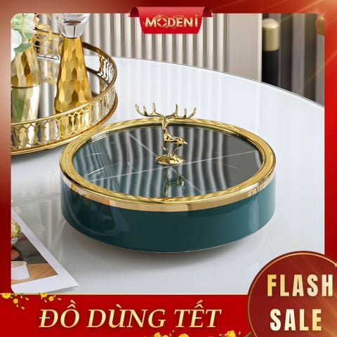  Khay Mứt Tết Velvet Emerald Sứ Tráng Men Cao Cấp – Viền Vàng Nắp Kính Con Nai Gold – Đựng Mứt, Bánh Kẹo, Hạt Khô Sang Trọng Decor Bàn Tiệc Tết Hiện Đại 