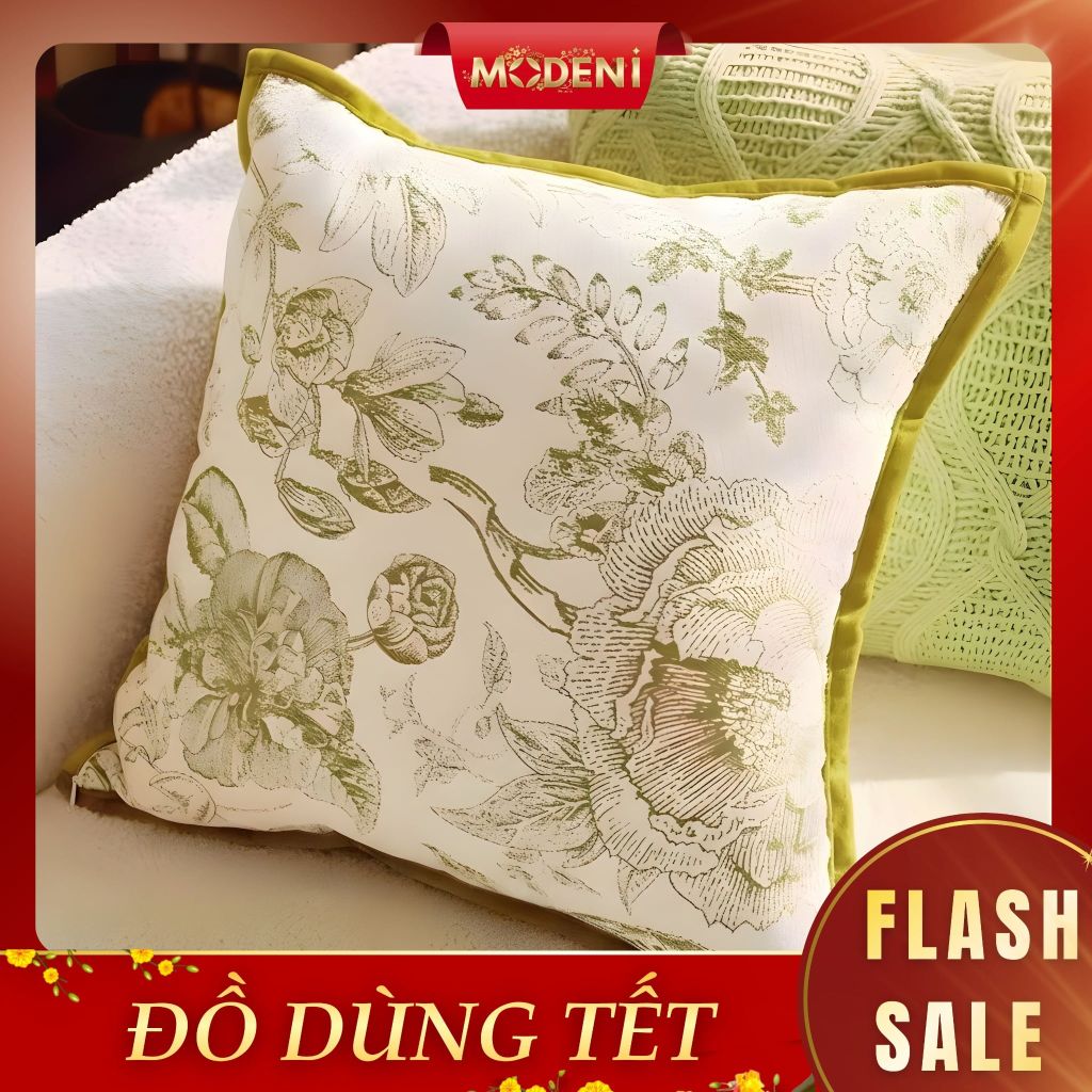 Vỏ Gối Sofa Cao Cấp Muse - Vải Jackquard Phối Nhung Họa Tiết Hoa Cỏ Phác Thảo Cổ ĐIển