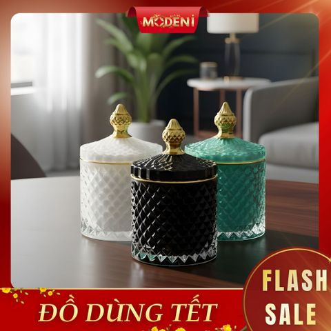  Lọ Đựng Bánh Kẹo Shya Thủy Tinh Nắp Vàng Sang Trọng – Cao 14cm, Đường Kính 8.5cm – Phù Hợp Decor Bàn Tiệc, Quà Tặng Cao Cấp 