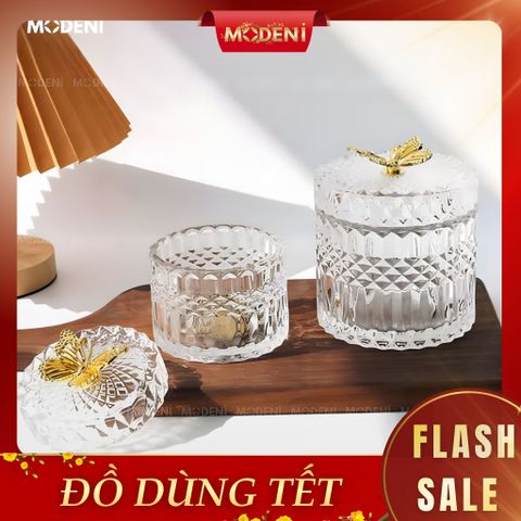  Lọ Iris Retro Pháp – Hũ thuỷ tinh họa tiết sang trọng – Nắp bướm vàng – 12 x 11 cm – Decor cổ điển, đựng bánh kẹo/đồ nhỏ 
