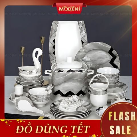  Bộ Chén Đĩa Noble Sứ Xương Trong Suốt Men Nano-Polymer Họa Tiết Đá Cẩm Thạch Cho Bàn Ăn Hiện Đại Sang Trọng 