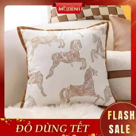  Vỏ Gối Sofa Cao Cấp Prime - Vải Jackquard Phối Nhung Họa Tiết Ngựa Thổ Cẩm Trừu Tượng 