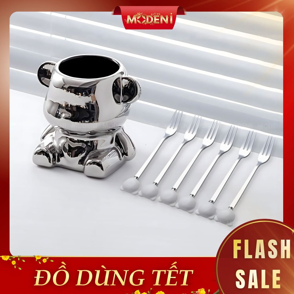 Set Lọ Đựng Muỗng Nĩa Mercy Silver – Dáng Gấu Mạ Bạc Sang Trọng Kèm 6 Nĩa Tráng Miệng Nghệ Thuật Cho Bàn Tiệc Hiện Đại