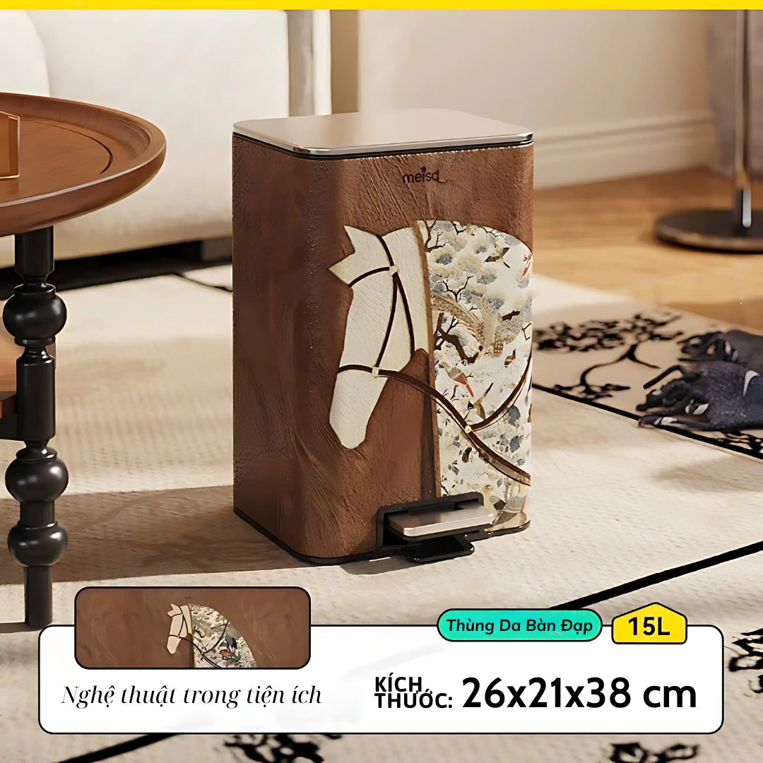  Thùng rác Gallop Brown da cao cấp phối inox phong cách đơn giản cho không gian trung tâm sang trọng tinh tế 