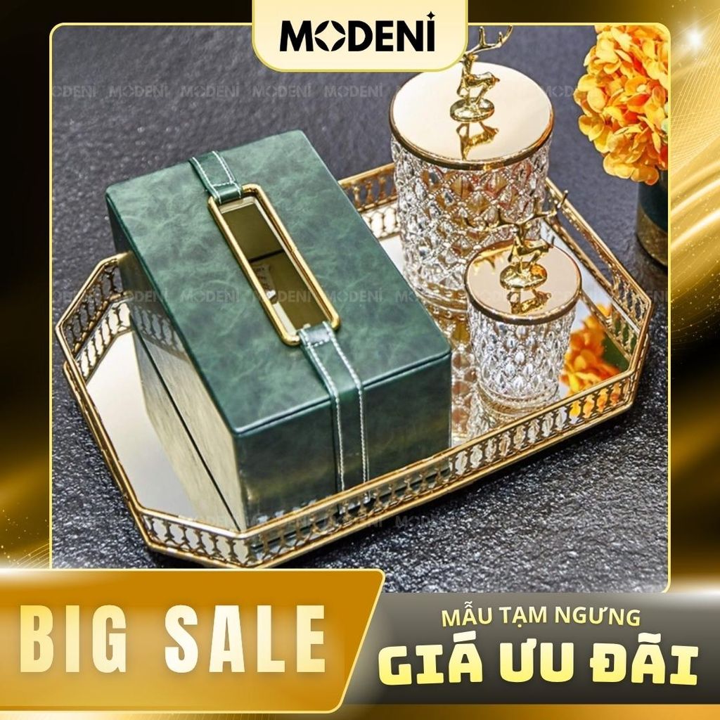 Hộp khăn giấy Corel Da Xanh Rêu Viền Vàng giả da cao cấp sang trọng cho văn phòng và phòng ngủ