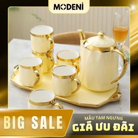  Bộ Ấm Trà Shein Gốm Sứ Cao Cấp Màu Kem Viền Vàng Sang Trọng Kèm Khay Đựng Hiện Đại 