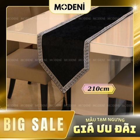  Khăn Trải Bàn Ravena – Vải Polyester Nhung Đen, Viền Họa Tiết Hy Lạp – Dài 210cm – Khăn Trải Bàn Sang Trọng Cho Không Gian Hiện Đại 