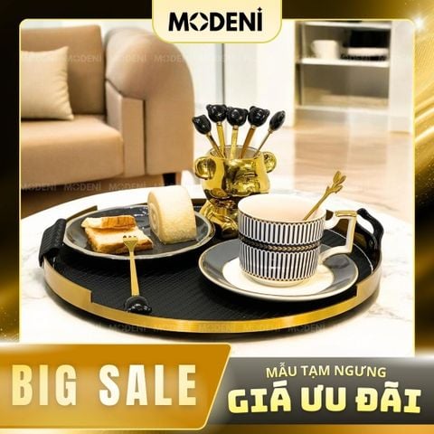  Khay Tròn Basil Cao Cấp – Kim Loại Phối Da Decor Bàn Sofa Sang Trọng – Dành Cho Phòng Khách Hiện Đại 