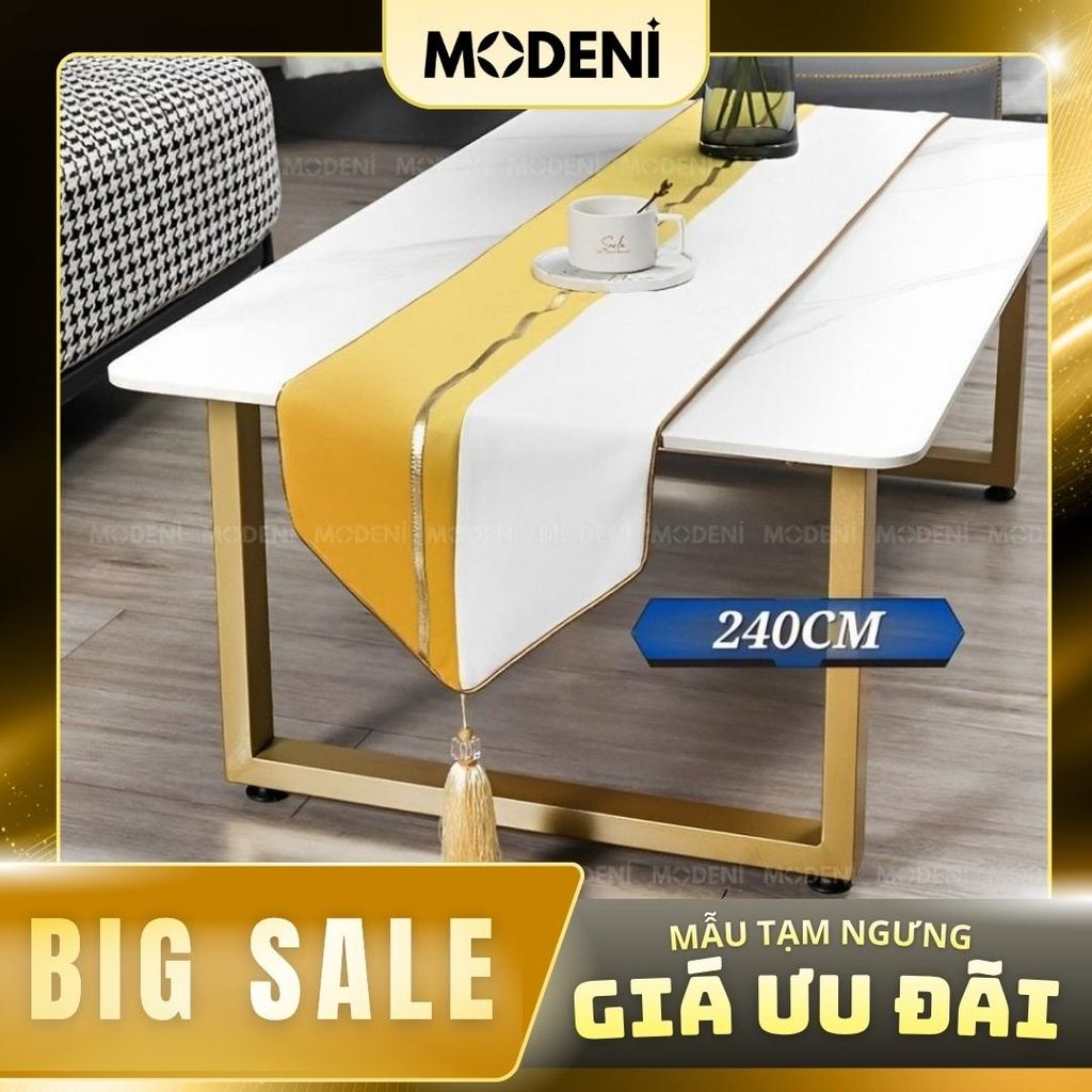 Khăn Bàn Table Runner Yellow Renai Cao Cấp – Thiết Kế Trắng Xám Ánh Vàng Thanh Lịch – Dành Cho Bàn Sofa, Bàn Tiệc Dài 1m8 – 2m4