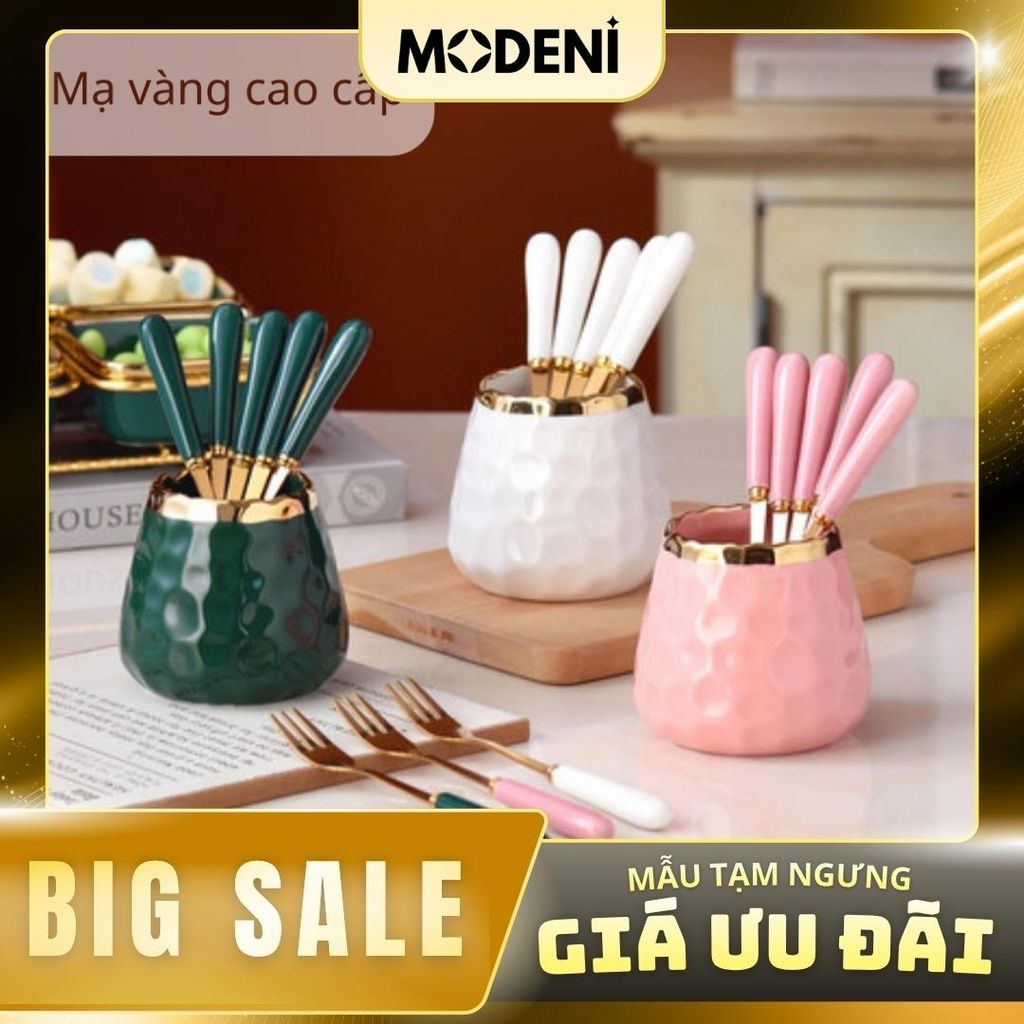 Lọ sứ đựng nĩa, xiên trái cây, muỗng cafe, thìa tráng miệng mạ vàng cao cấp phong cách bắc âu