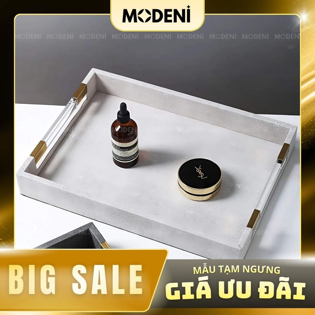 Khay Godiva Trắng Xám – Khay Decor Da Hiện Đại – Tay Cầm Acrylic Viền Vàng Kim Tinh Tế, Trang Trí Bàn Sofa, Bàn Trà, Quầy Bar Sang Trọng