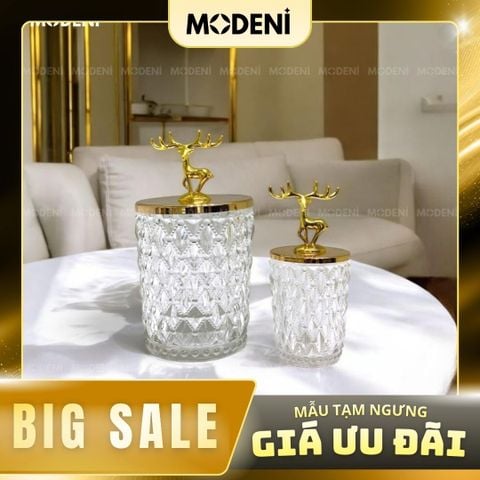  Set 2 Lọ Đựng Kẹo Thuỷ Tinh Patronus Cao Cấp – Nắp Tuần Lộc Mạ Vàng, Sang Trọng, Dùng Decor & Bàn Tiệc 