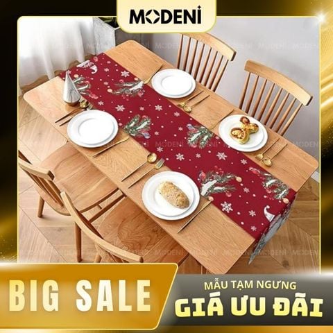  Khăn Table Runner Christmas Mr.Claus Red – Santa & Forest Scene, Dài 3m, Decor Giáng Sinh Ấm Cúng 