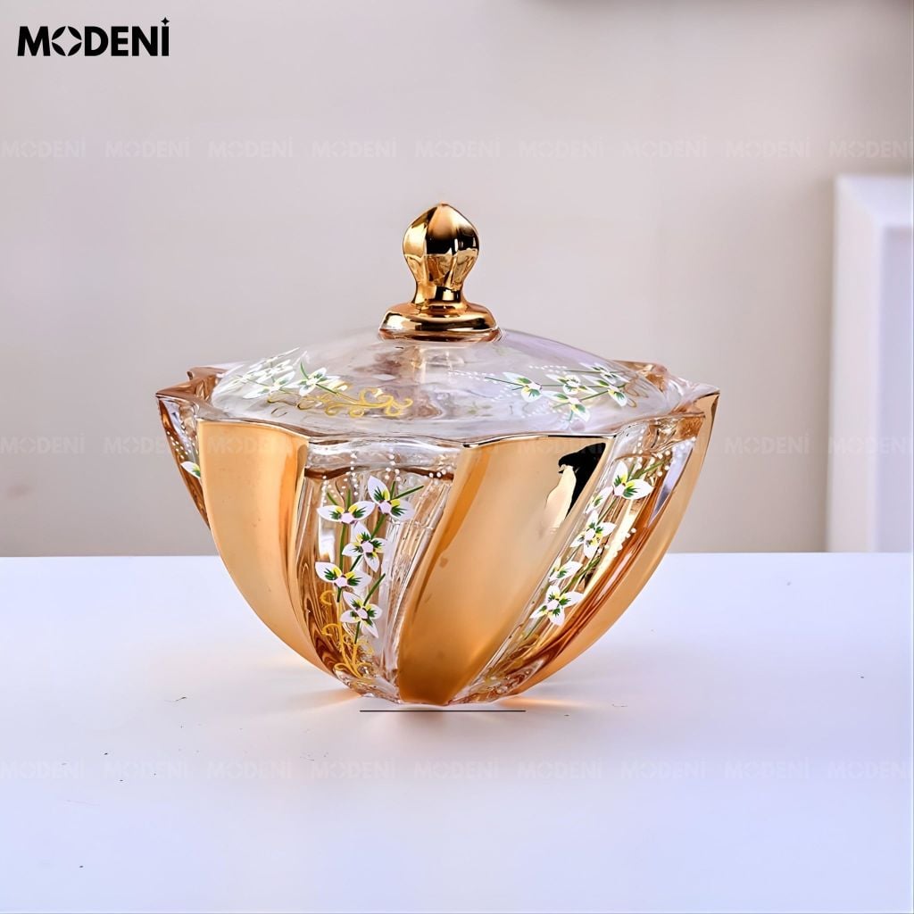Hủ Đựng Bánh Kẹo Irisa Thủy Tinh Cao Cấp Họa Tiết Hoa Sơn Nổi Thủ Công Cho Phòng Khách Hiện Đại