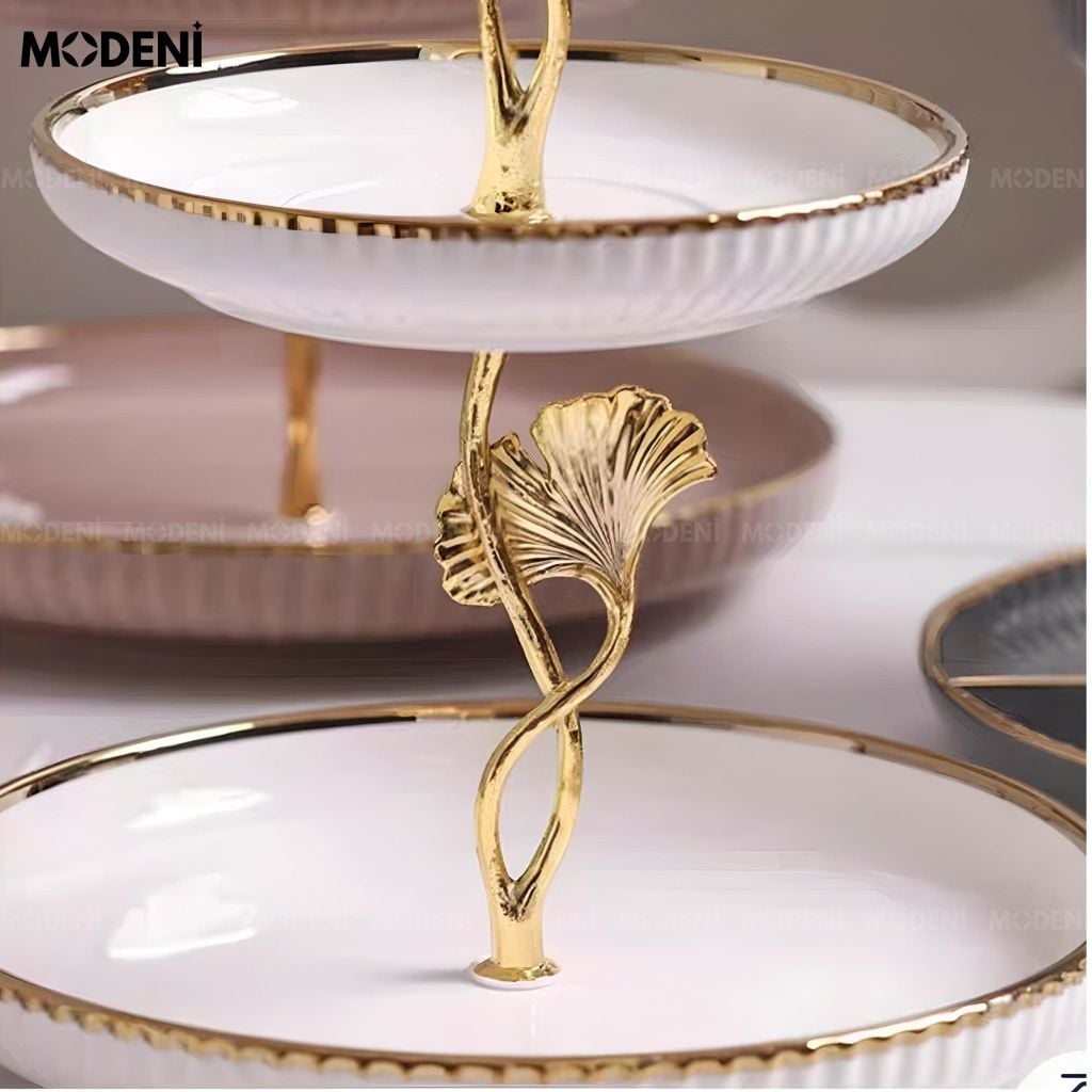 Khay Đựng Trái Cây Lyly Gốm Sứ Phủ Men Trắng Ngọc Họa Tiết Viền Mạ Vàng Cho Bàn Ăn Hiện Đại