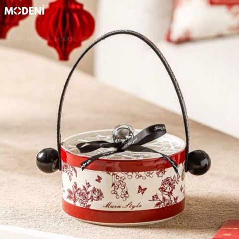  Lọ Đựng Trái Cây Blossom Vải Họa Tiết Bướm Đỏ Phối Gốm Sứ Cao Cấp Kèm Nắp Thủy Tinh Cho Bàn Ăn Hiện Đại 