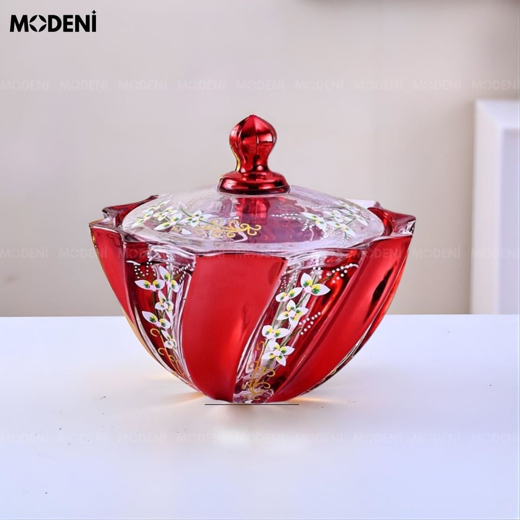 Hủ Đựng Bánh Kẹo Irisa Thủy Tinh Cao Cấp Họa Tiết Hoa Sơn Nổi Thủ Công Cho Phòng Khách Hiện Đại