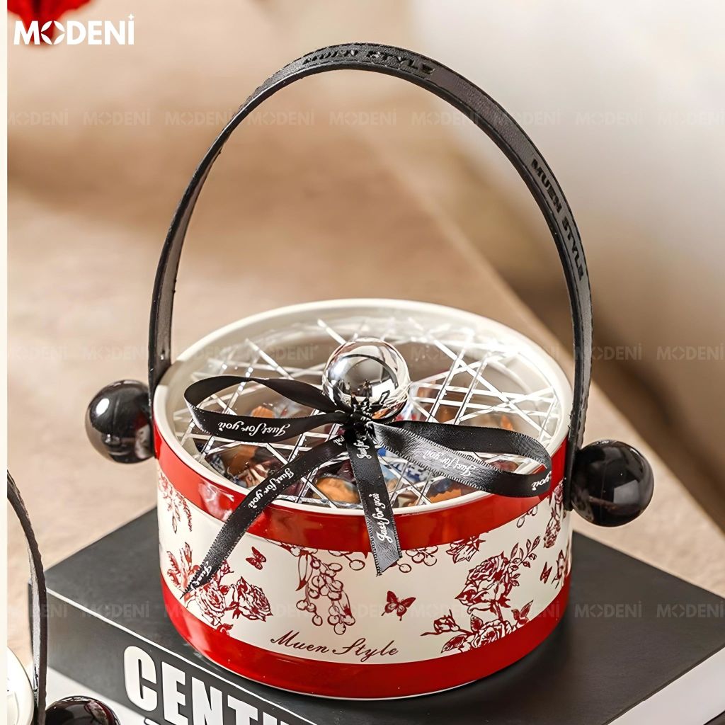 Lọ Đựng Trái Cây Blossom Vải Họa Tiết Bướm Đỏ Phối Gốm Sứ Cao Cấp Kèm Nắp Thủy Tinh Cho Bàn Ăn Hiện Đại