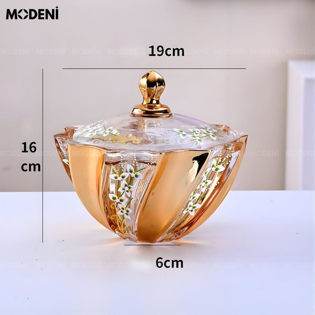 Hủ Đựng Bánh Kẹo Irisa Thủy Tinh Cao Cấp Họa Tiết Hoa Sơn Nổi Thủ Công Cho Phòng Khách Hiện Đại