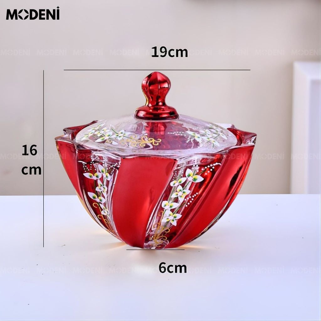 Hủ Đựng Bánh Kẹo Irisa Thủy Tinh Cao Cấp Họa Tiết Hoa Sơn Nổi Thủ Công Cho Phòng Khách Hiện Đại