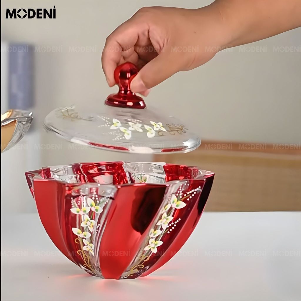 Hủ Đựng Bánh Kẹo Irisa Thủy Tinh Cao Cấp Họa Tiết Hoa Sơn Nổi Thủ Công Cho Phòng Khách Hiện Đại