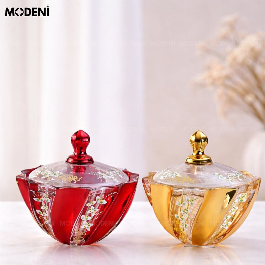 Hủ Đựng Bánh Kẹo Irisa Thủy Tinh Cao Cấp Họa Tiết Hoa Sơn Nổi Thủ Công Cho Phòng Khách Hiện Đại