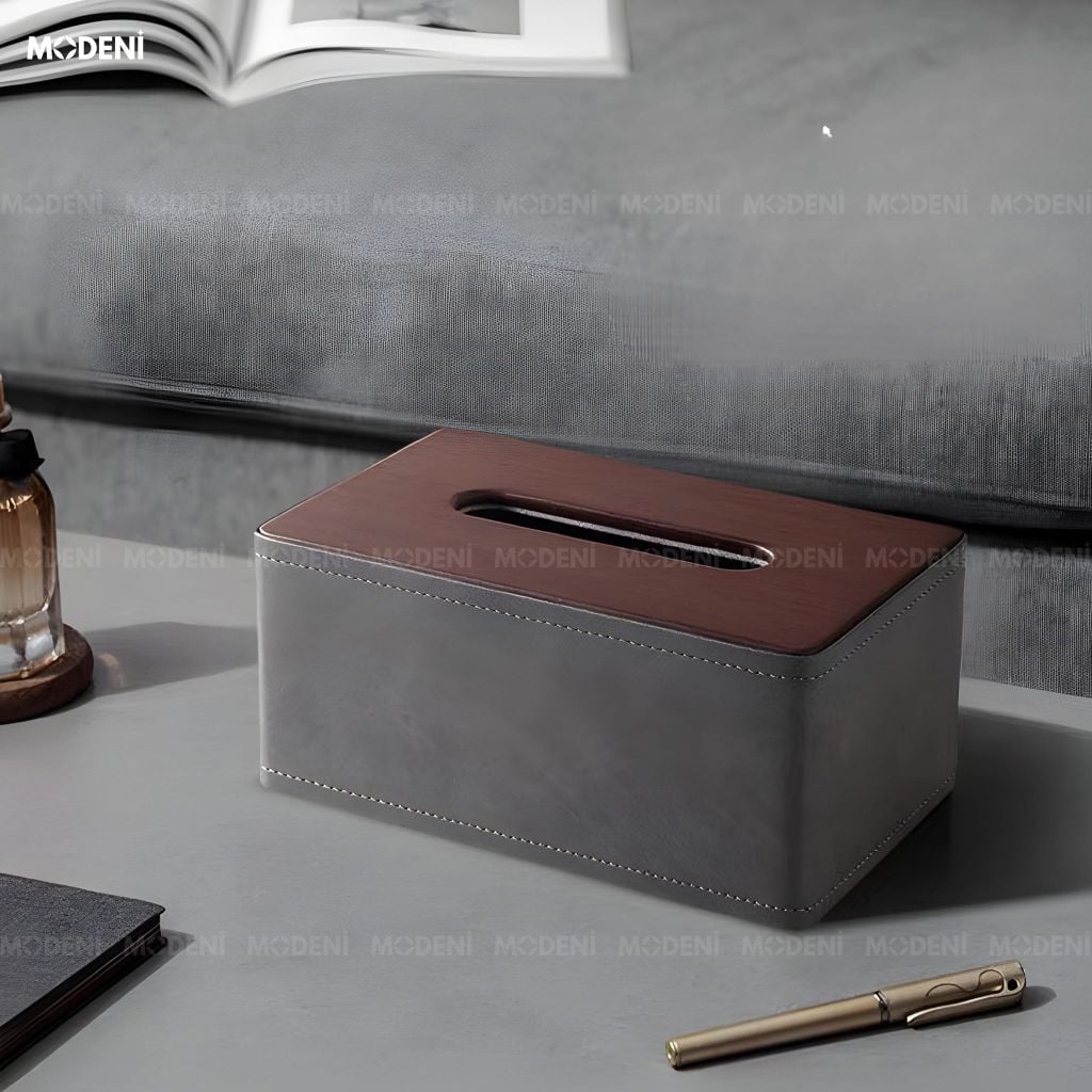 Hộp Khăn Giấy Cedar Xám Da PU Cao Cấp Phối Vân Gỗ Cho Phòng Khách Sang Trọng