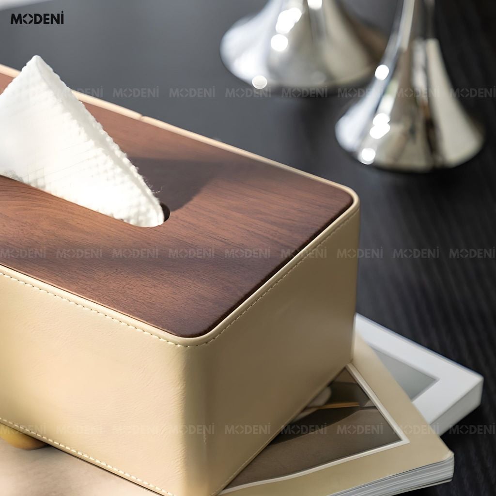 Hộp Khăn Giấy Bruno Be Da PU Cao Cấp Phối Vân Gỗ Cho Phòng Khách Sang Trọng