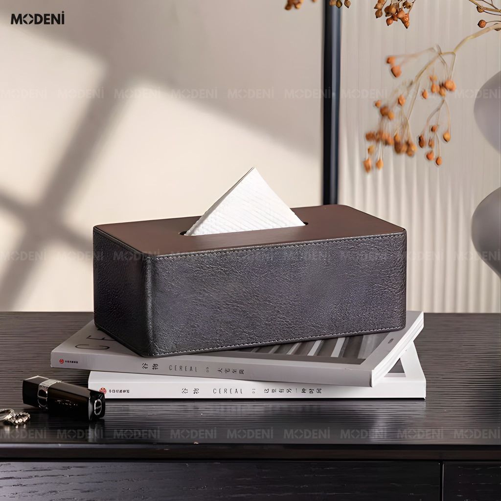 Hộp Khăn Giấy Cedar Xám Da PU Cao Cấp Phối Vân Gỗ Cho Phòng Khách Sang Trọng