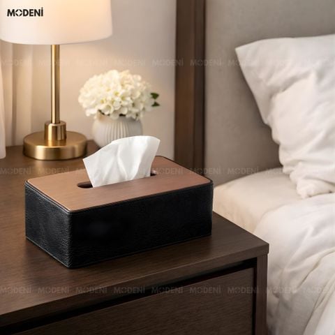  Hộp Khăn Giấy Cedar Xám Da PU Cao Cấp Phối Vân Gỗ Cho Phòng Khách Sang Trọng 