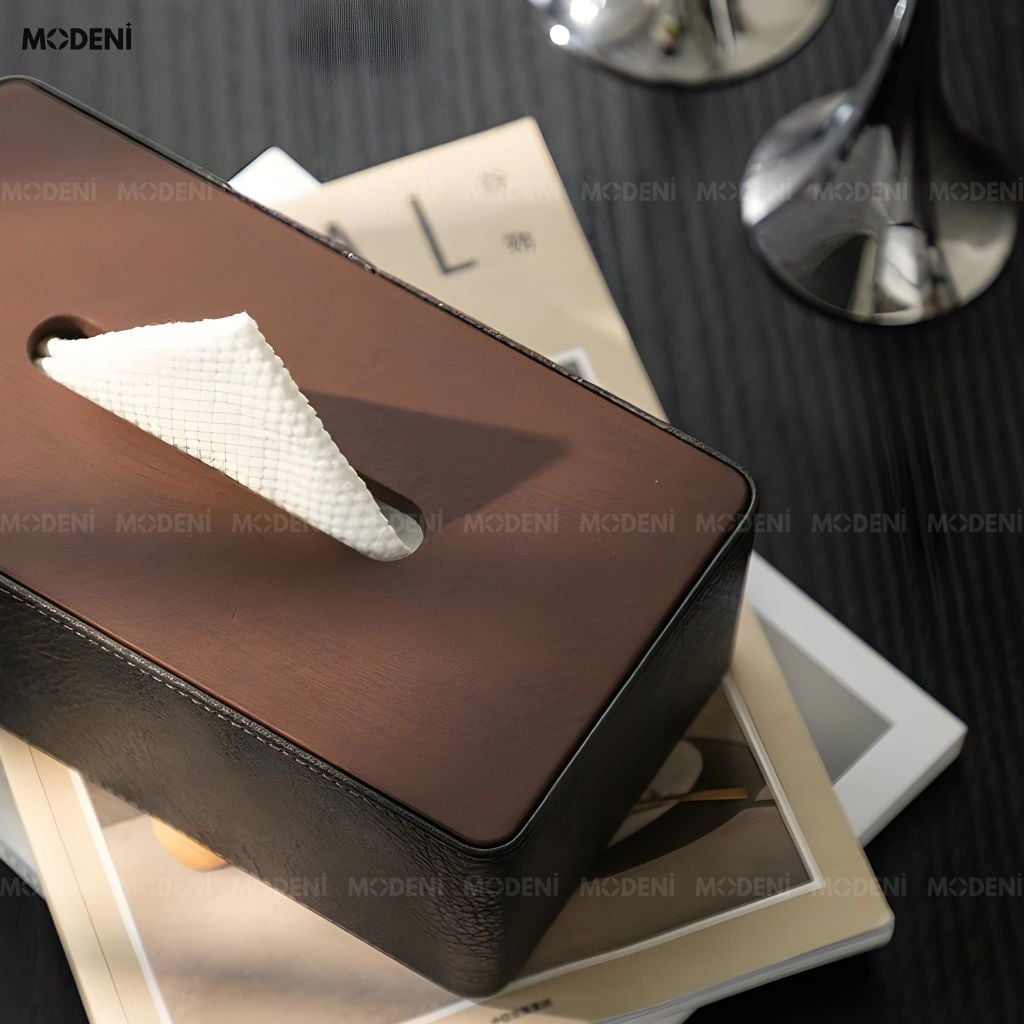 Hộp Khăn Giấy Cedar Xám Da PU Cao Cấp Phối Vân Gỗ Cho Phòng Khách Sang Trọng