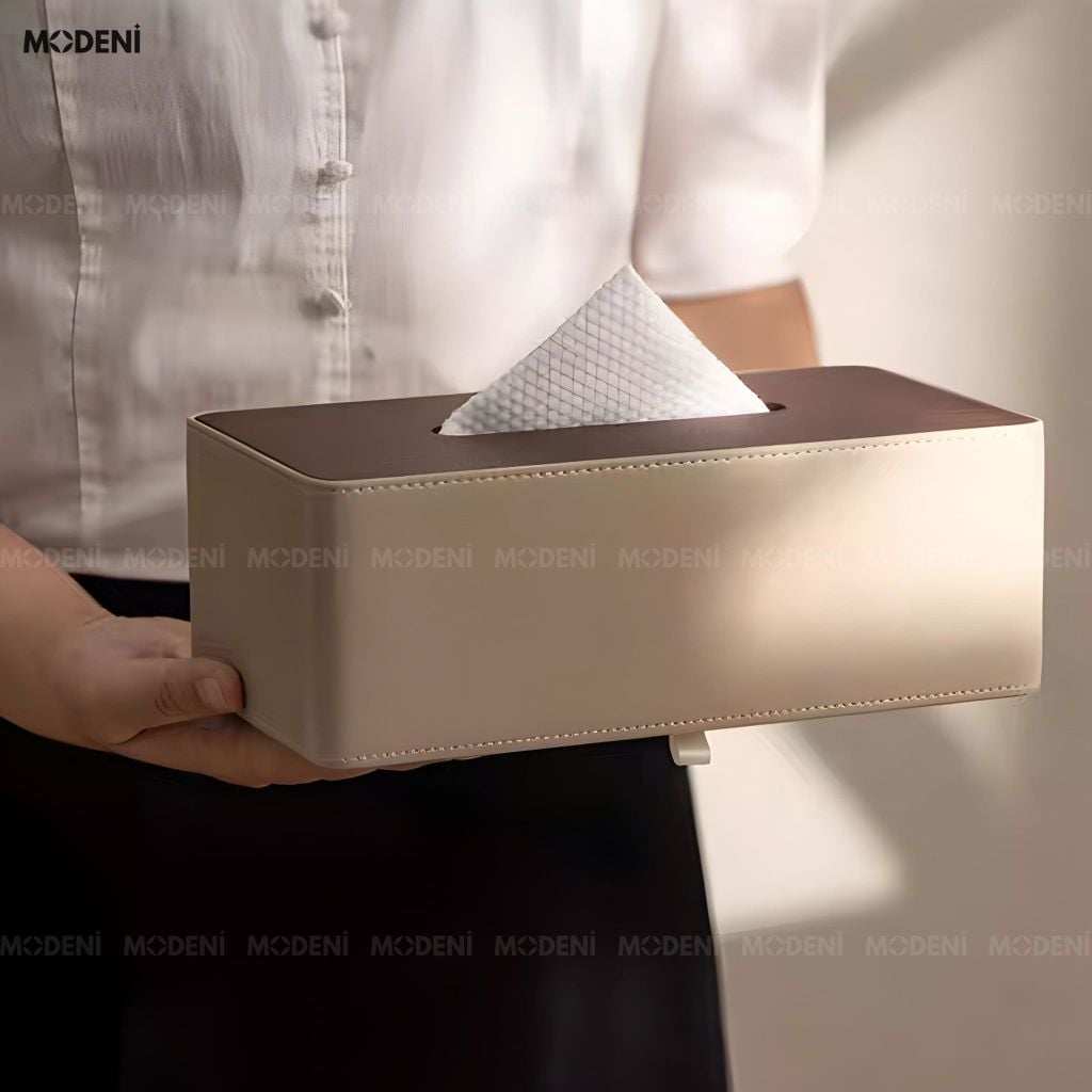 Hộp Khăn Giấy Bruno Be Da PU Cao Cấp Phối Vân Gỗ Cho Phòng Khách Sang Trọng