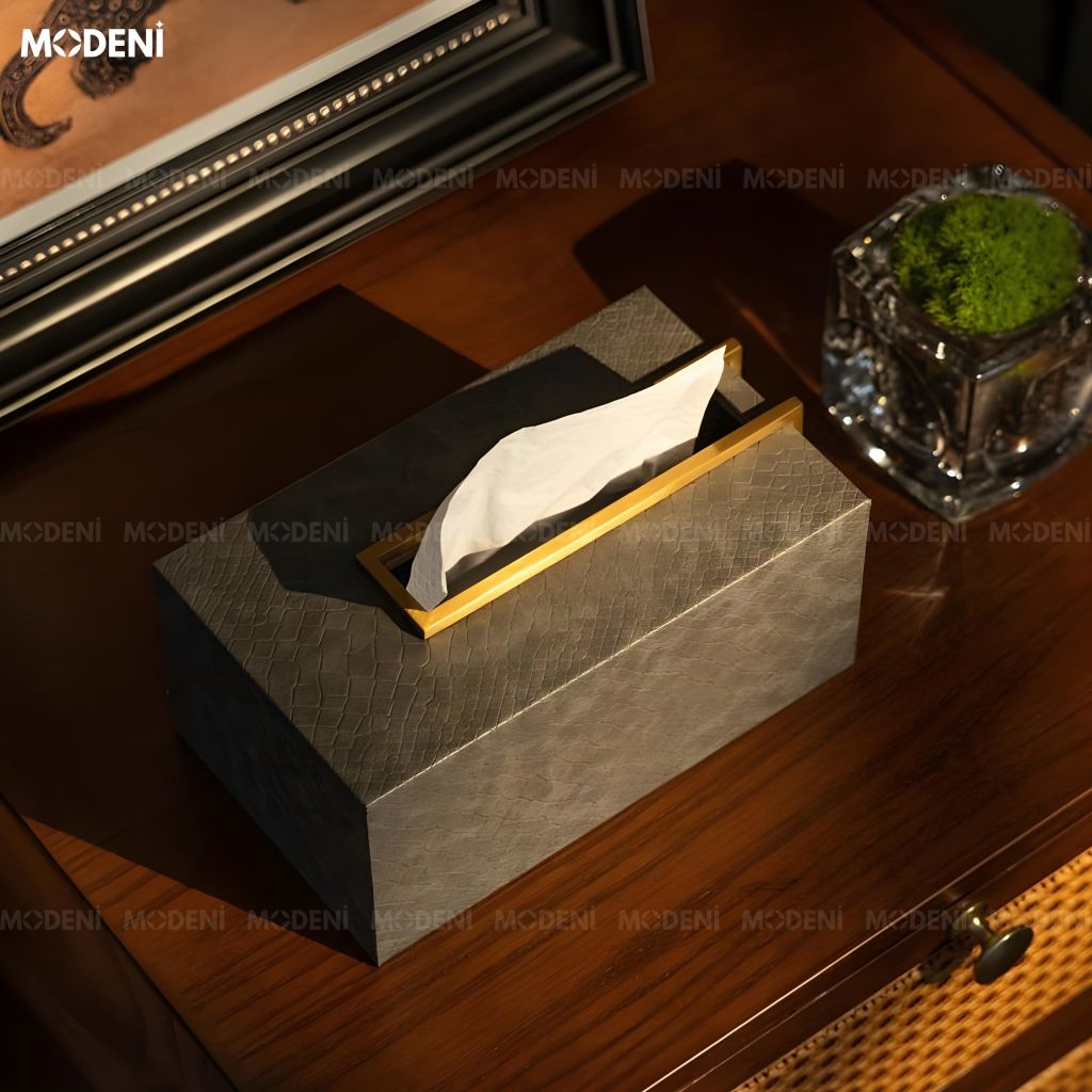 Hộp Khăn Giấy Ali Xám Bọc Da Thủ Công Ánh Kim – Vẻ Đẹp Tinh Giản Sang Trọng Cho Phòng Khách Luxury