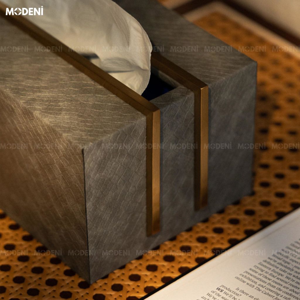 Hộp Khăn Giấy Ali Xám Bọc Da Thủ Công Ánh Kim – Vẻ Đẹp Tinh Giản Sang Trọng Cho Phòng Khách Luxury