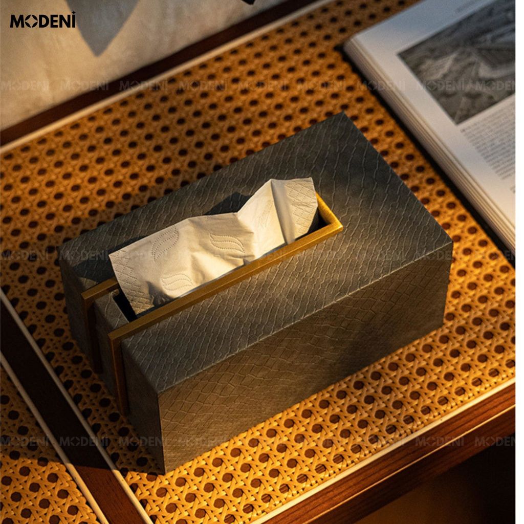 Hộp Khăn Giấy Ali Xám Bọc Da Thủ Công Ánh Kim – Vẻ Đẹp Tinh Giản Sang Trọng Cho Phòng Khách Luxury