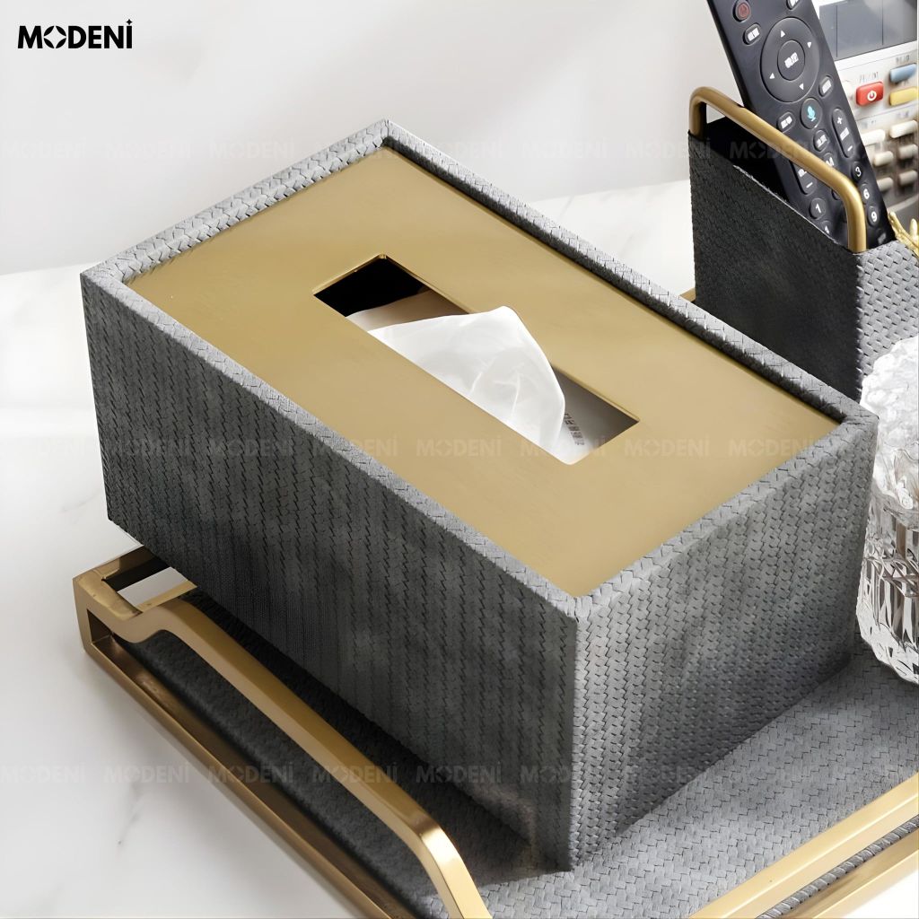 Hộp Khăn Giấy Kito Xám Vải Texture Cao Cấp Nắp Vàng Đồng – Điểm Nhấn Tinh Tế Cho Không Gian Modern Luxury