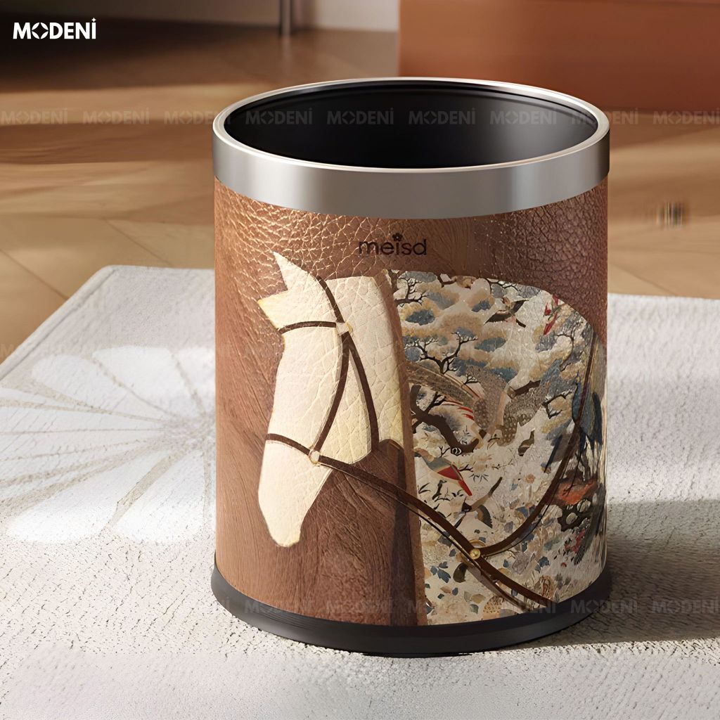 Thùng Rác Monolith Nâu Da Cao Cấp Viền Kim Loại Ánh Bạc Nghệ Thuật Cho Không Gian Sinh Hoạt Sang Trọng