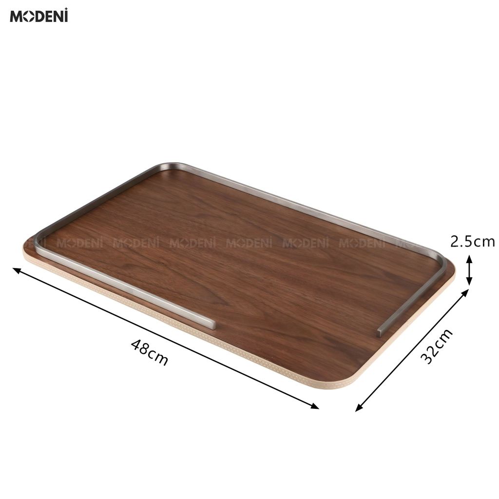 Khay Decor Herit Gỗ Óc Chó Viền Bọc Da Phối Hợp Thanh Kim Loại Tinh Xảo Cho Không Gian Decor Sang Trọng