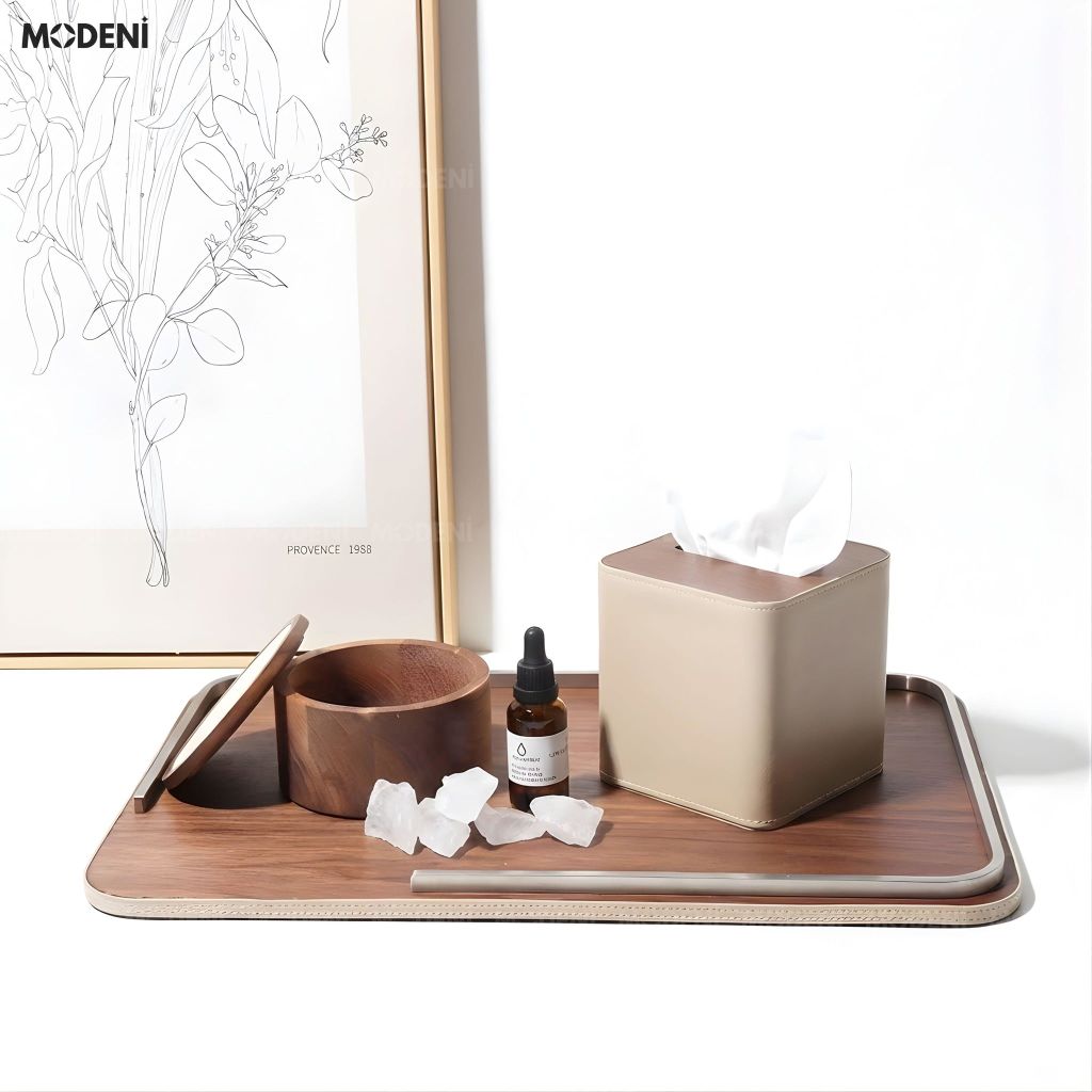 Khay Decor Herit Gỗ Óc Chó Viền Bọc Da Phối Hợp Thanh Kim Loại Tinh Xảo Cho Không Gian Decor Sang Trọng