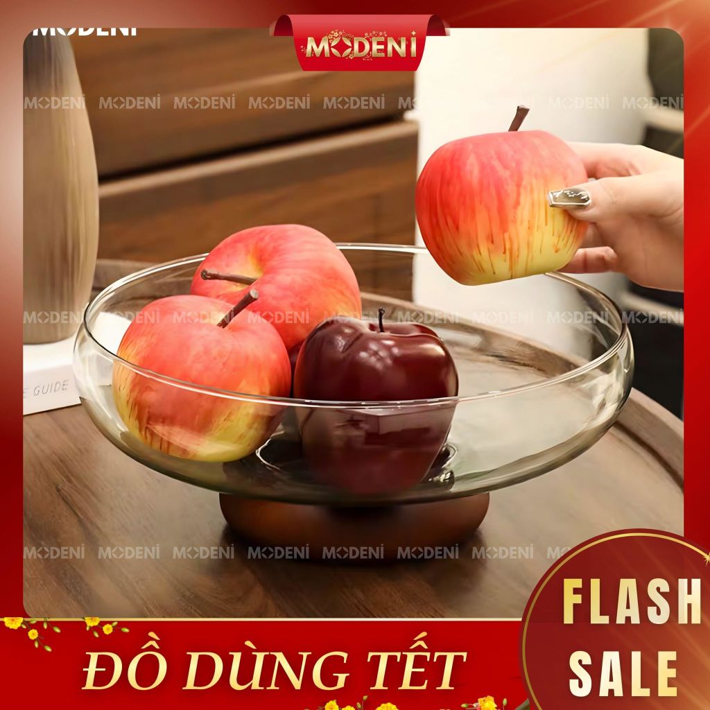 Tô Thủy Tinh Doma Chân Gỗ Tự Nhiên – Đựng Trái Cây Sang Trọng – Decor Bàn Ăn, Bàn Sofa, Kệ Tủ Hiện Đại – Chọn Màu Xám / Trắng