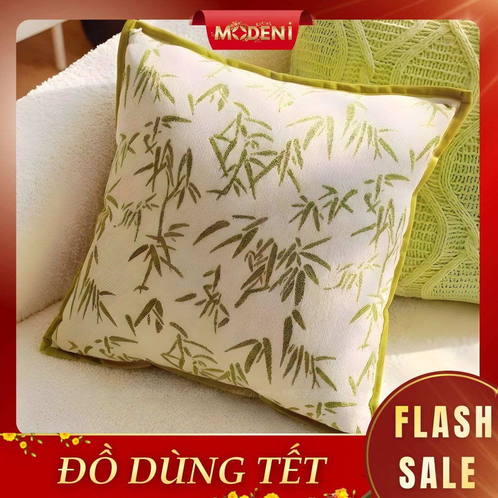 Vỏ Gối Sofa Cao Cấp Bamboo - Vải Jackquard Phối Nhung Họa Tiết Lá Trúc Được May Cách ĐIệu