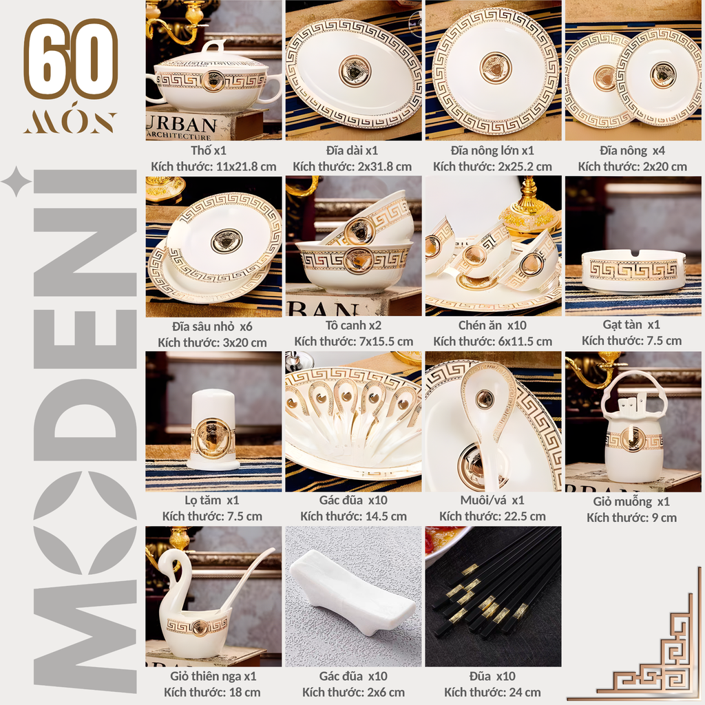 Bộ Tô Chén Đĩa V Luxury Sứ Xương Cao Cấp Viền Vàng Quà Tặng Tân Gia Sang Trọng