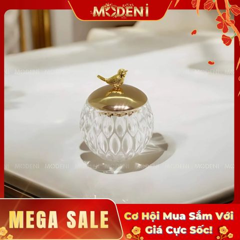  Lọ Đựng Bánh Kẹo Pha Lê Nolan – Nắp Chim Sẻ Vàng Sang Trọng – Thiết Kế Tròn Tinh Xảo 15x9cm – Dành Cho Bàn Tiếp Khách & Decor Hiện Đại 